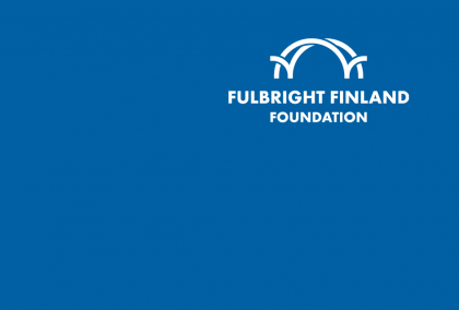 Blue background with white Fulbright Finland Foundation logo on the upper right hand corner