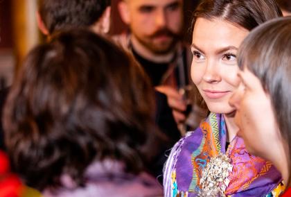 Two Sámi women wearing traditional Gákti at the Fulbright Arctic Initiative reception at the House of the Estates