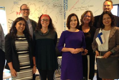 Minister Sanni Grahn-Laasonen meeting U.S. Fulbright alumni at the Nordic Innovation House in Palo Alto, California