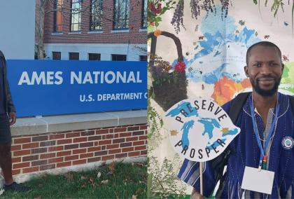 Two photos next to each other of Fulbright-KAUTE Foundation awardees 2024-25. On the left, Emmanuel Abu-Danso next to Ames Laboratory sign. On the right, Larry Abdullai holding a round sign saying "preserve - prosper". 