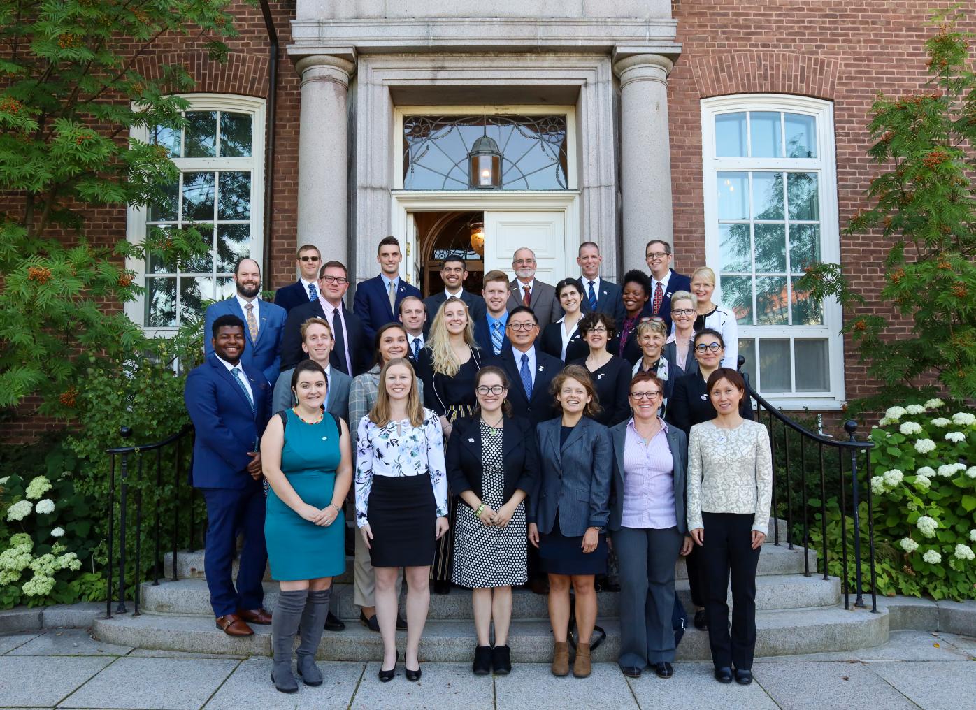 28 2019-2020 U.S. Fulbright Grantees at the stairs of the U.S. Ambassador's residence