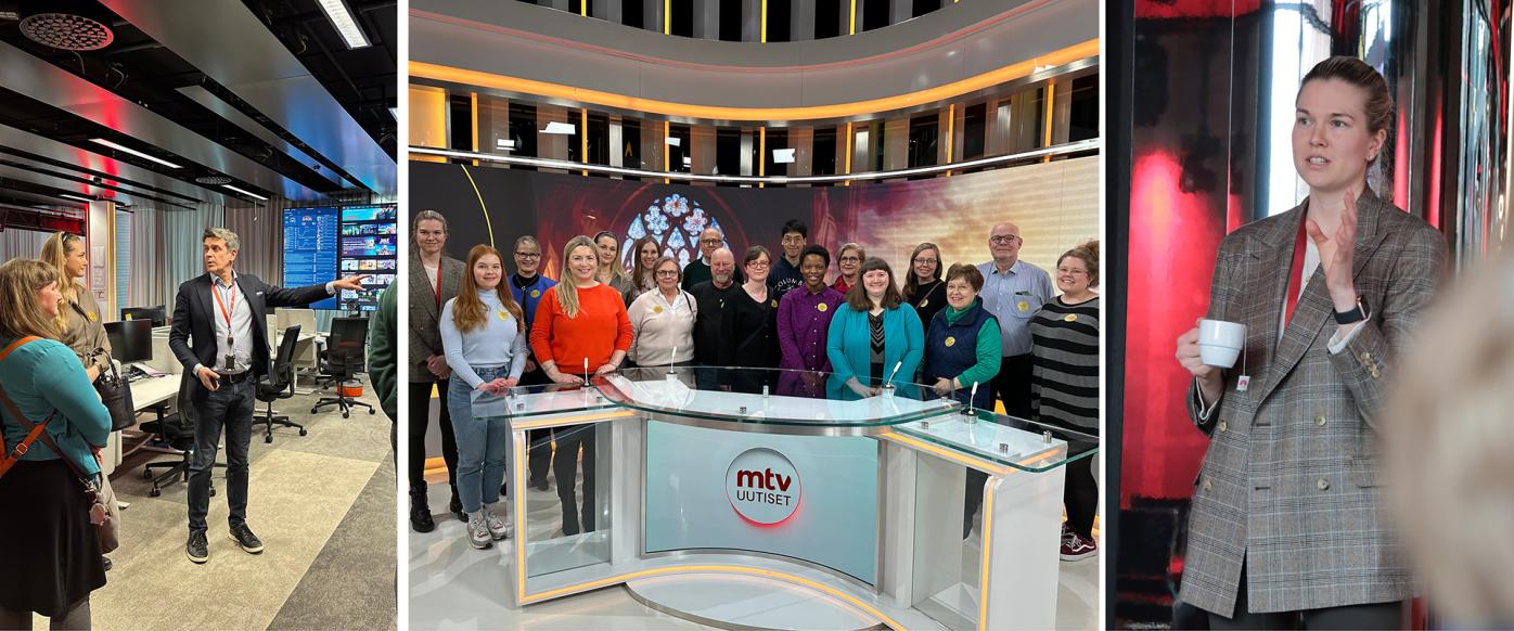 Three photos of the ASLA-Fulbright Alumni Association's visit to the MTV Studio, Pöllölaakso in Helsinki.