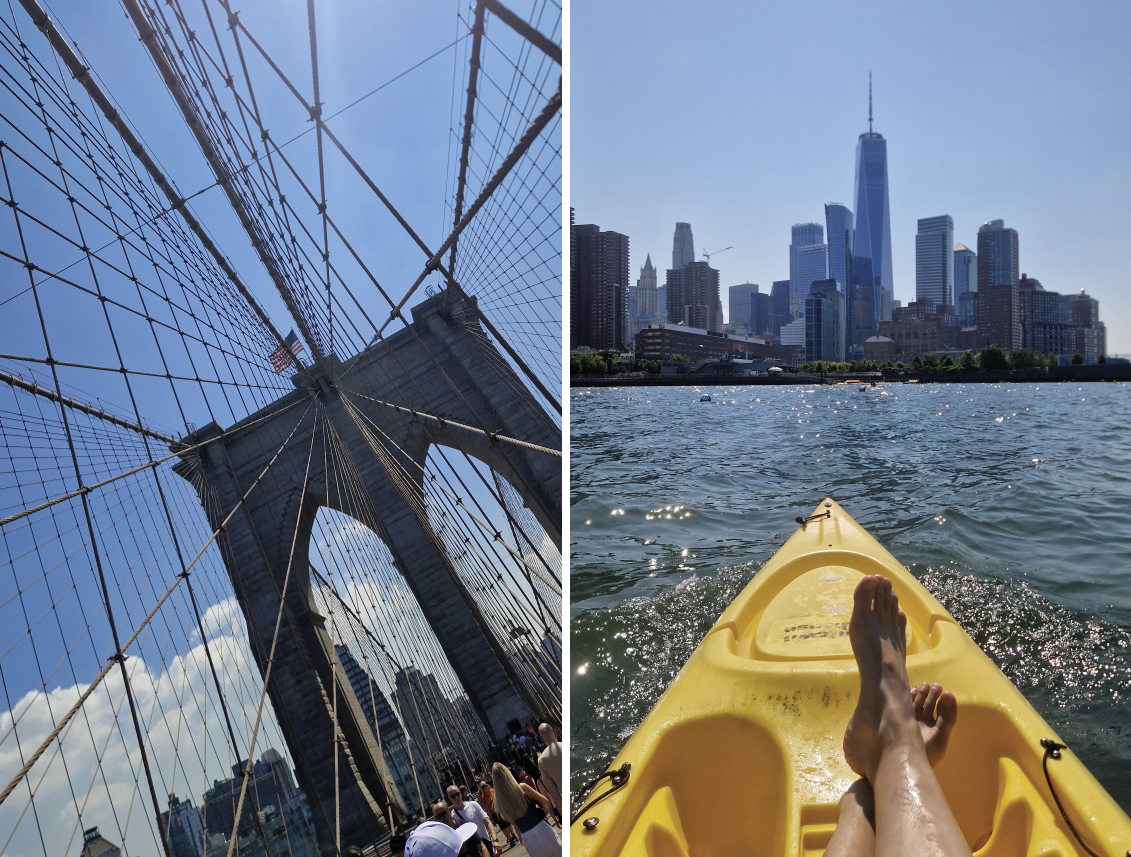 Two photos - on the left a view of Brooklyn Bridge and on the right a photo take on a canoe on a sunny day, looking at the Manhattan skyline