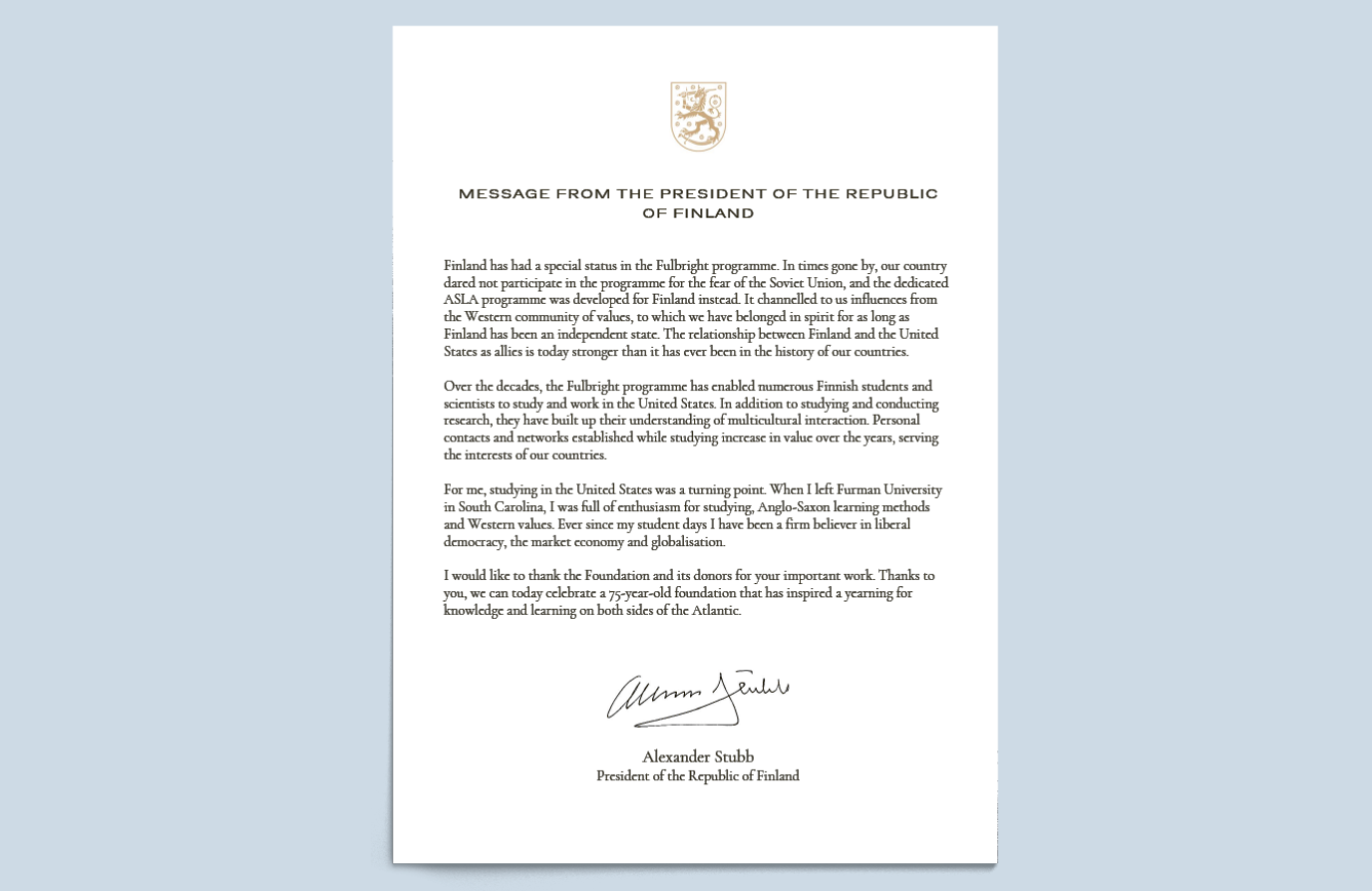 Message from the President of the Republic of Finland Alexander Stubb