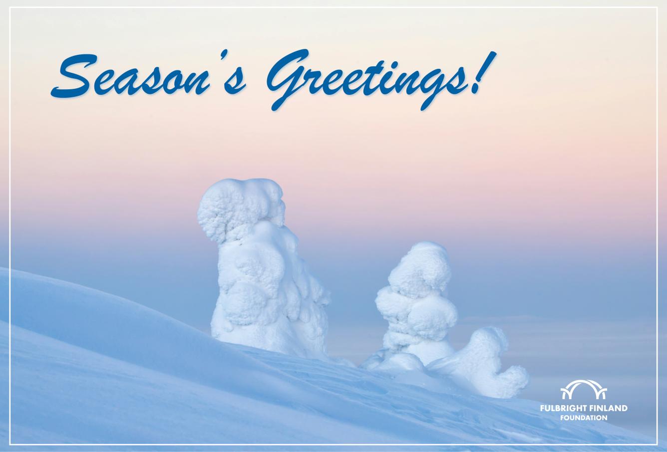 Wintery scene with "Season's Greetings" written in cursive over it.